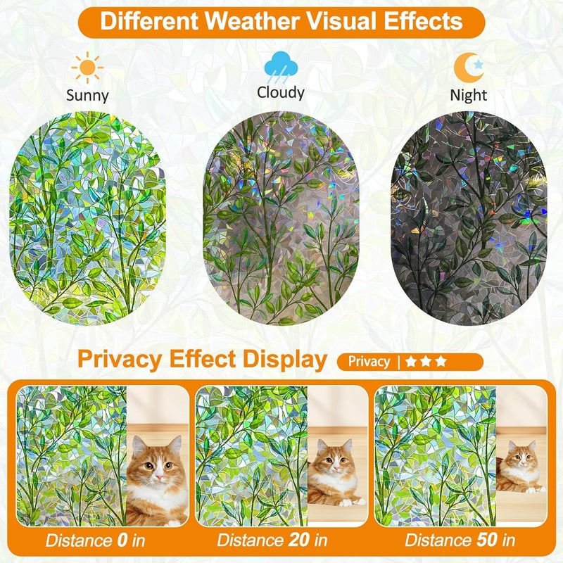 COUNTEWOL Window Privacy Film Stain Glass Window Film Rainbow Window Film Window clings Non-Adhesive Reusable Decorative for Room (Leaf Rainbow, 17.5 x 78.7 in) - Image 3